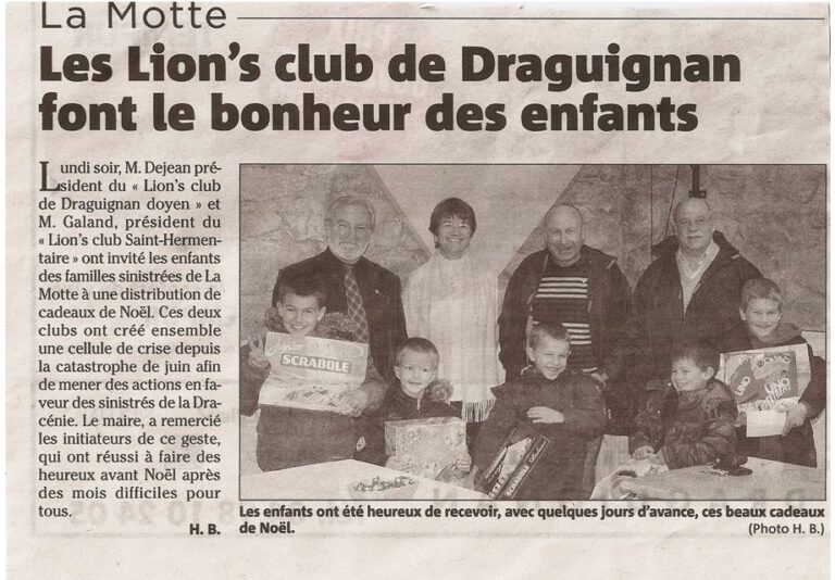 Article presse aide Lions Club inondations Draguignan